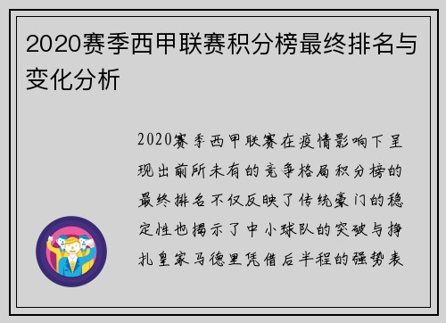 2020赛季西甲联赛积分榜最终排名与变化分析
